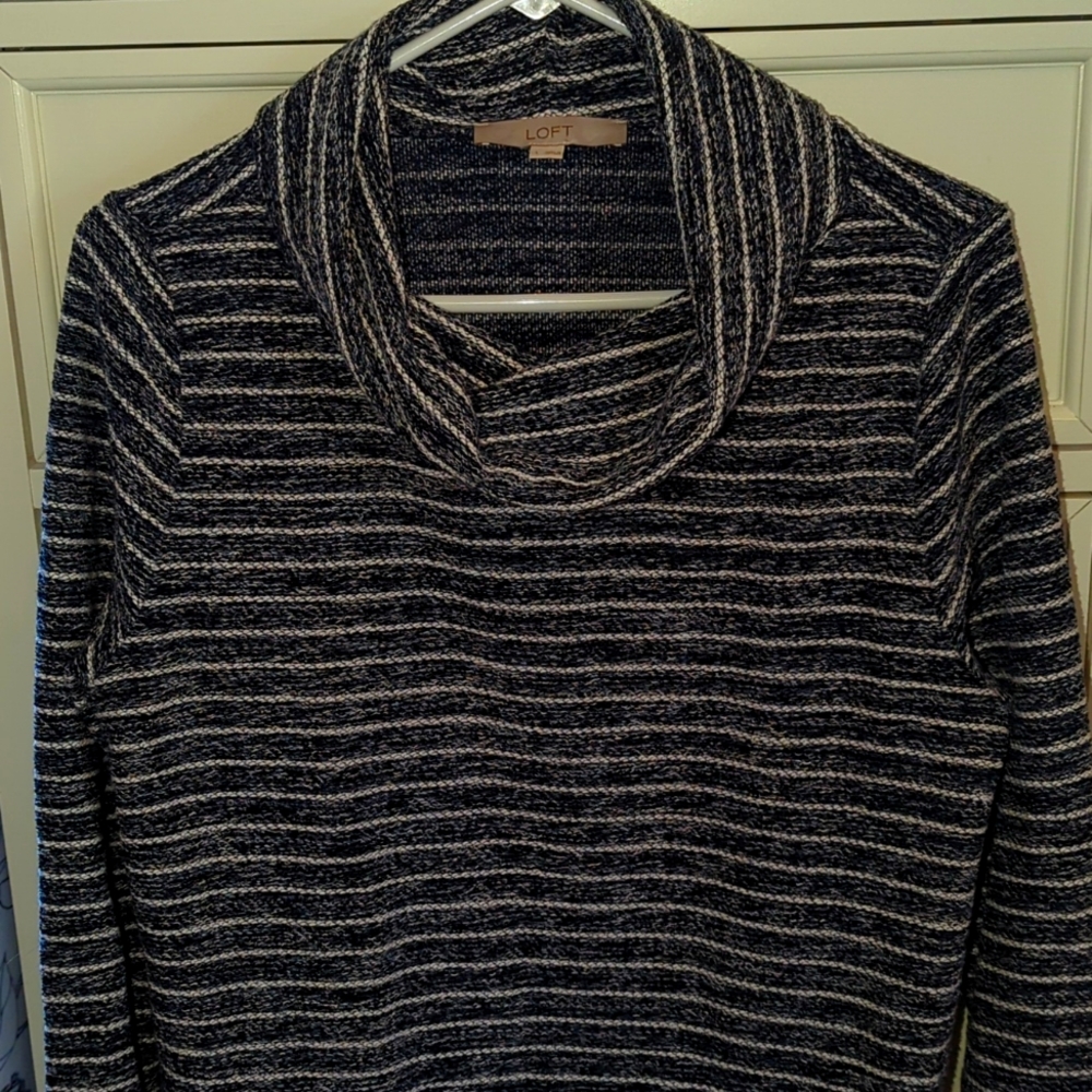 LOFT Dark Navy Blue and White Cowl Neck Sweater - Picture 3 of 7